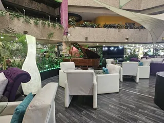 Salón del bar con el piano de cola al fondo y las butacas blancas alrededor